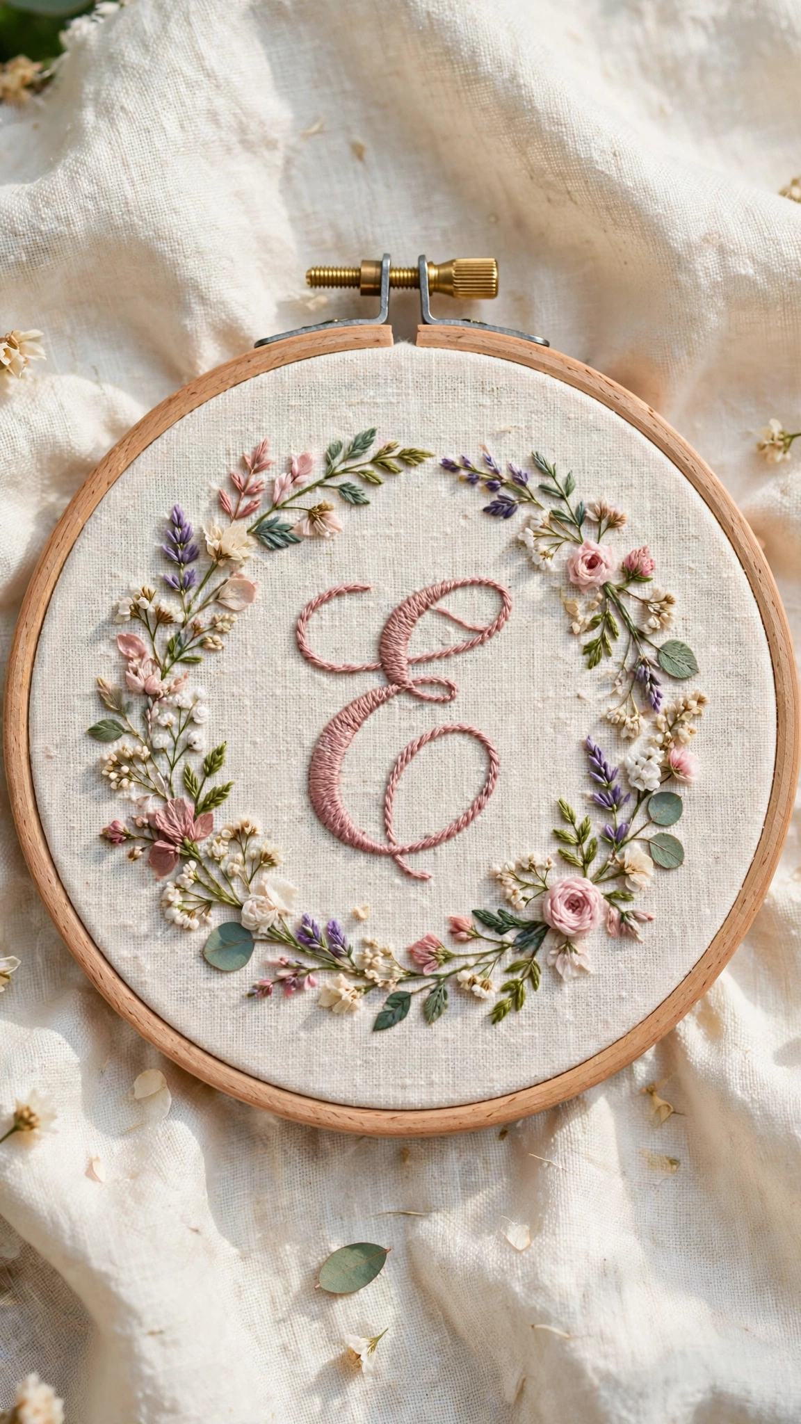 Hand embroidered script monogram letter E in dusty rose satin stitch with a floral wreath