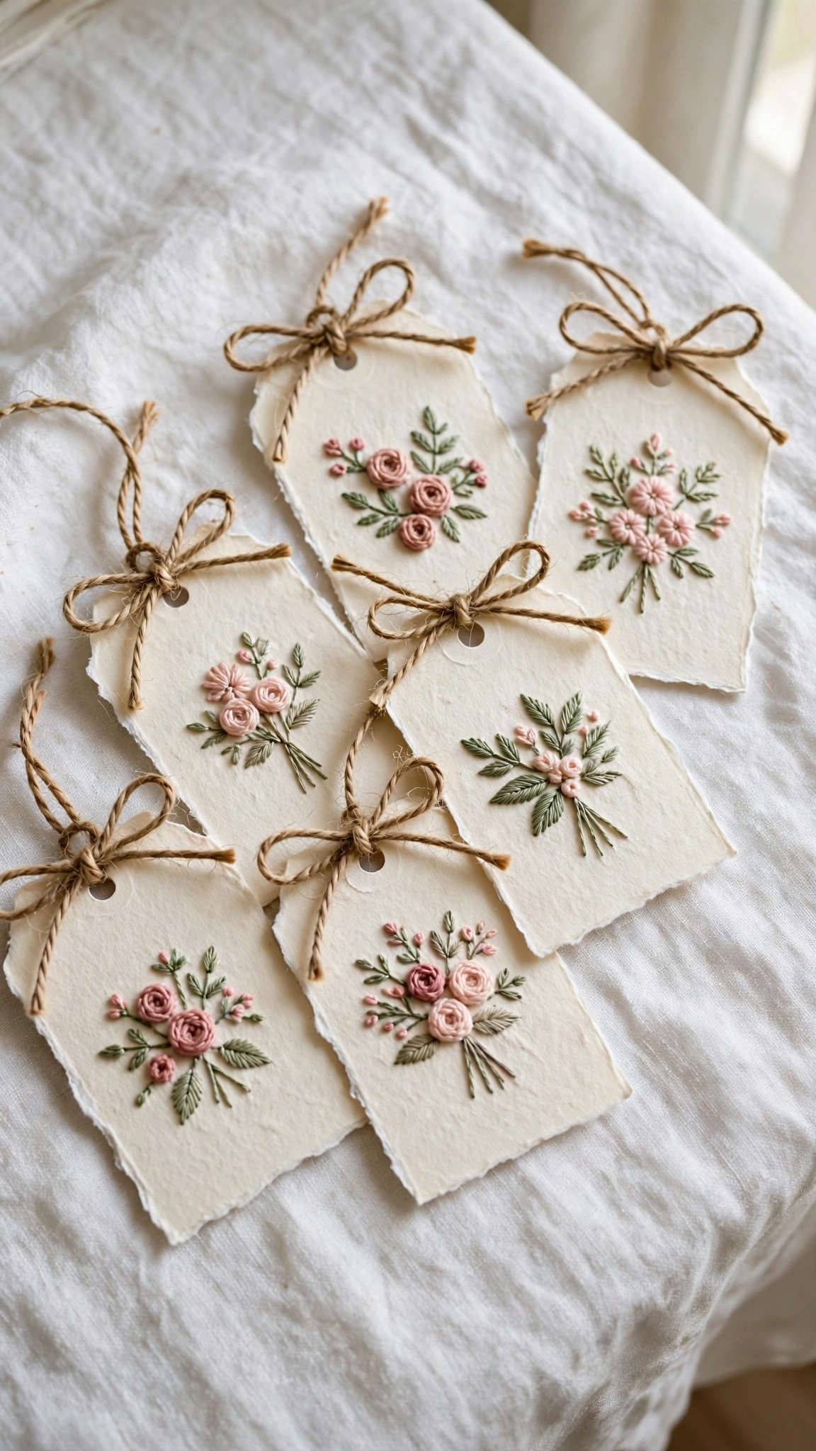 Handmade gift tag set with hand-embroidered floral accents tied with twine