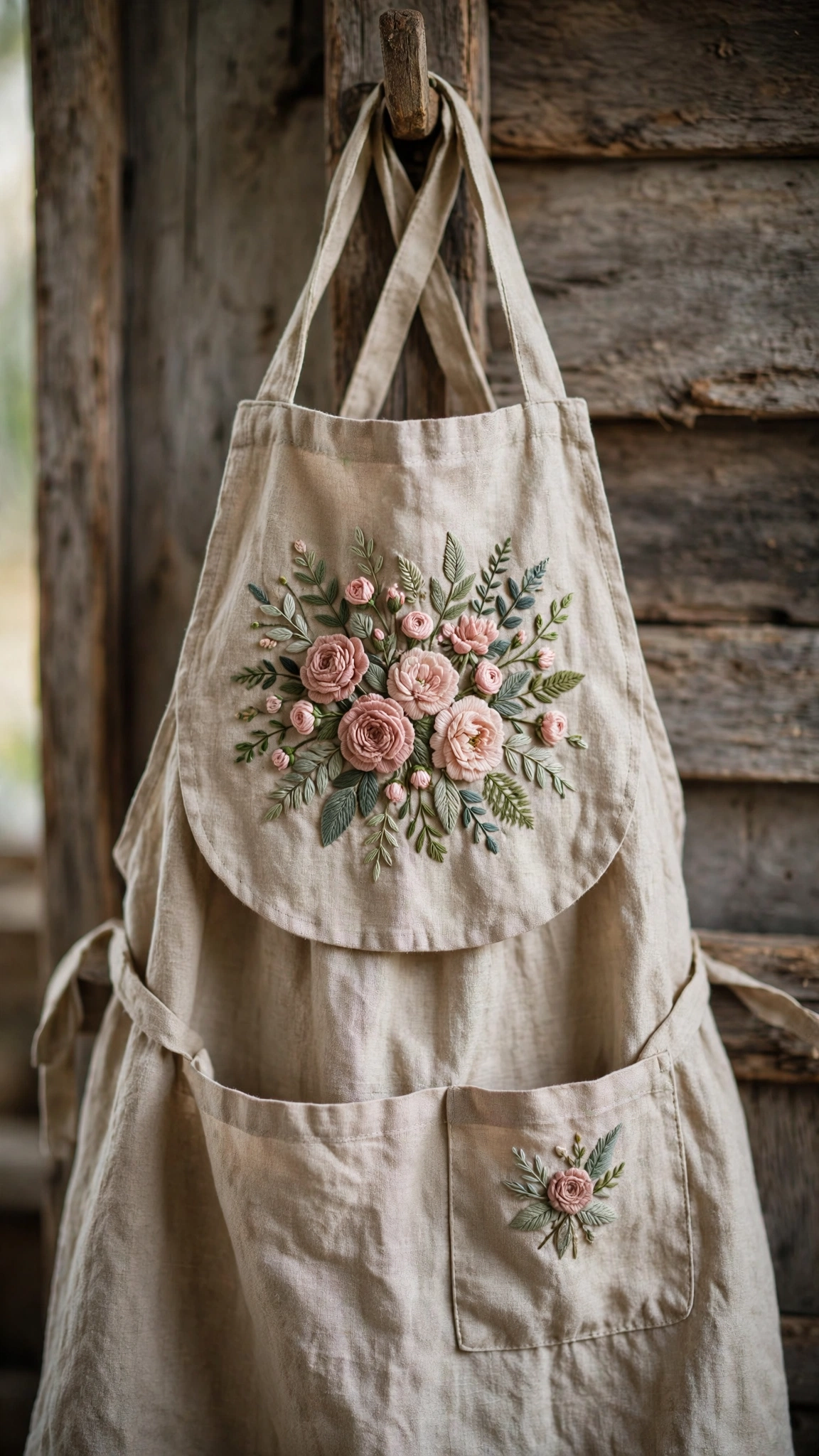 Hand-embroidered linen apron with garden flowers on the bib and pocket