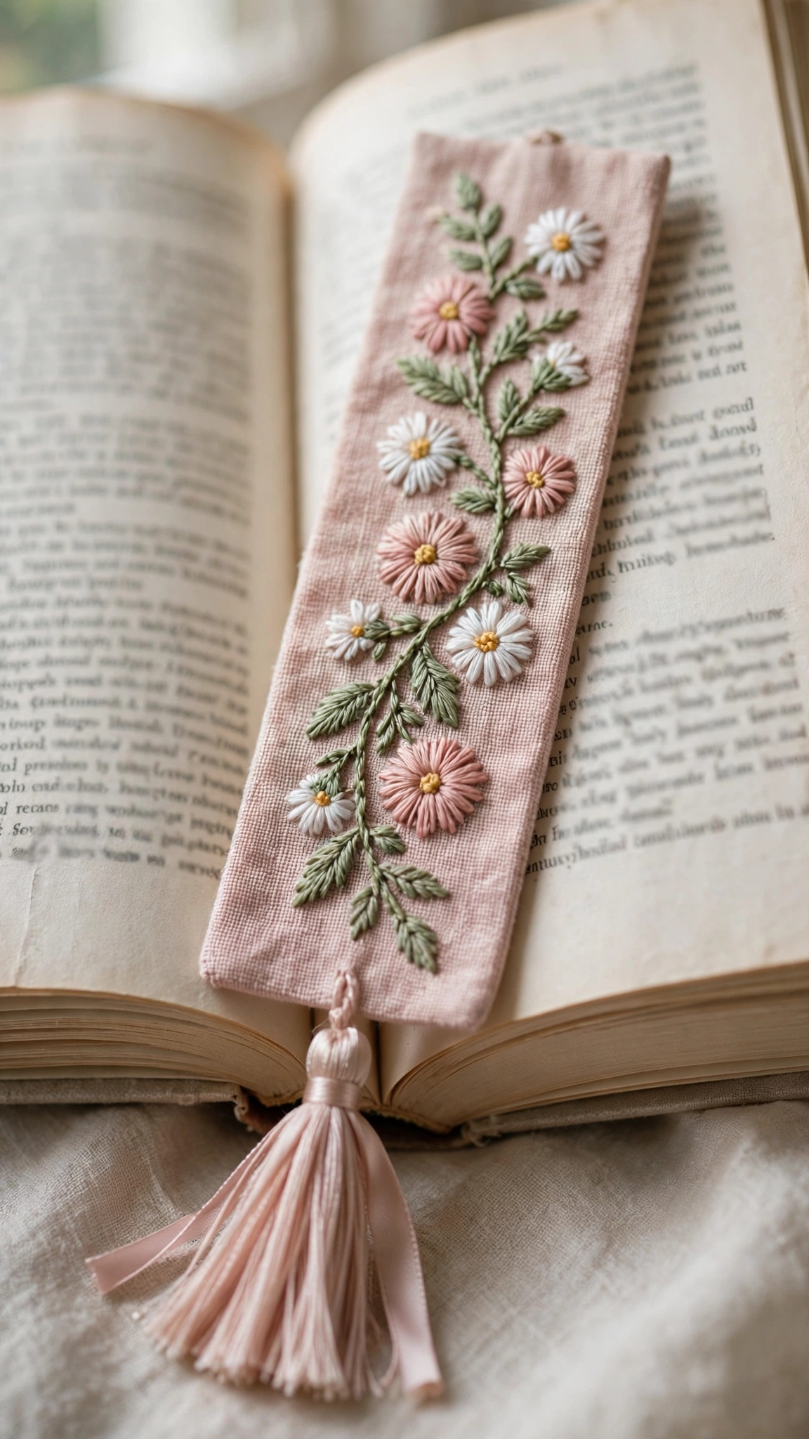 Hand-embroidered floral bookmark with wildflowers on natural linen and a ribbon tassel