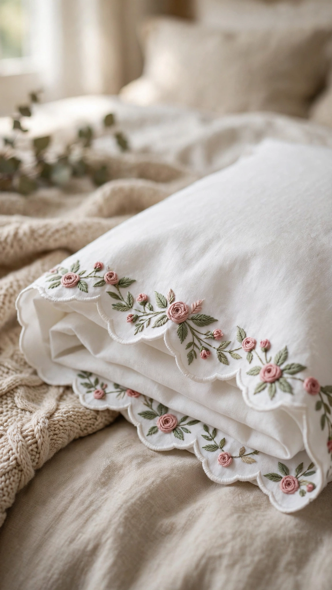 Hand-embroidered pillowcase with a floral edge border along the hem