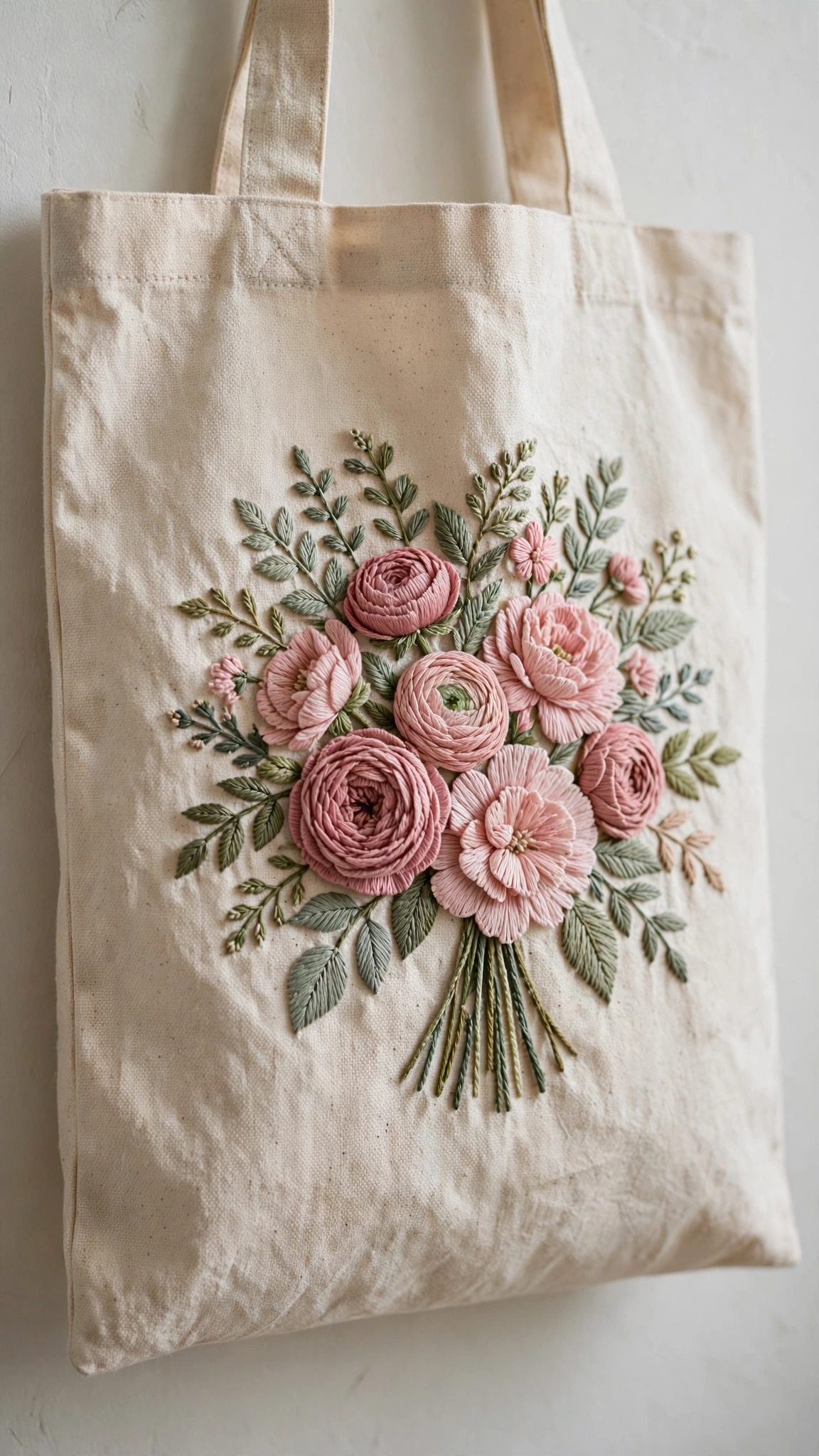 Hand-embroidered floral tote bag with a spring flower bouquet on natural canvas