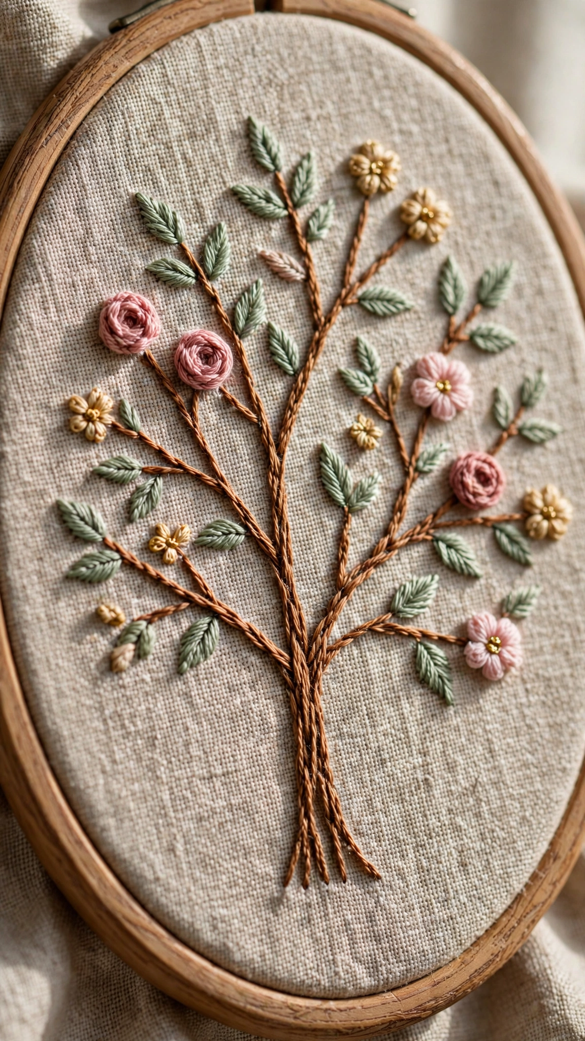 Hand-embroidered family tree with blossom family members in a wooden hoop
