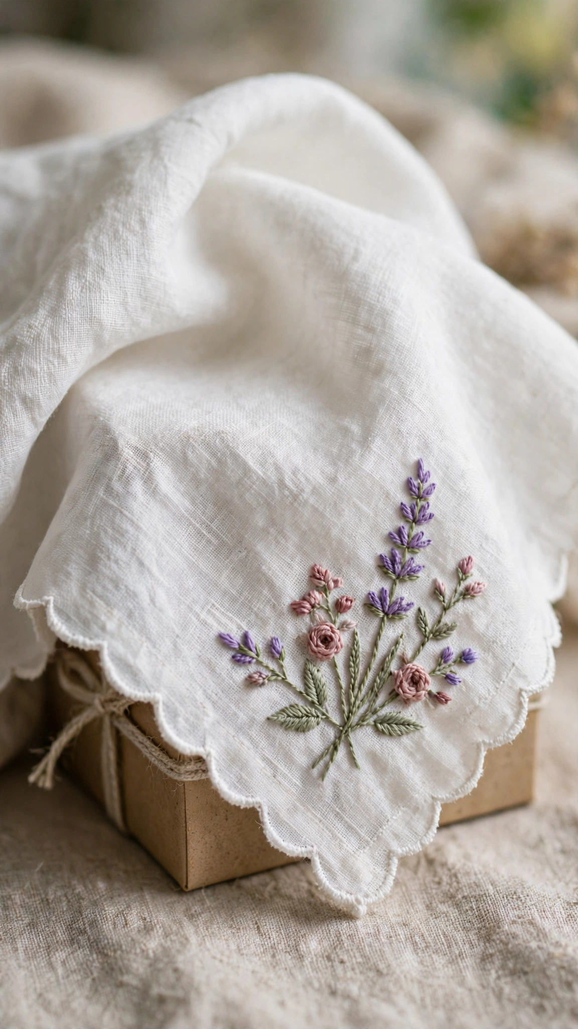 Hand-embroidered floral handkerchief with a delicate embroidered corner on white cotton