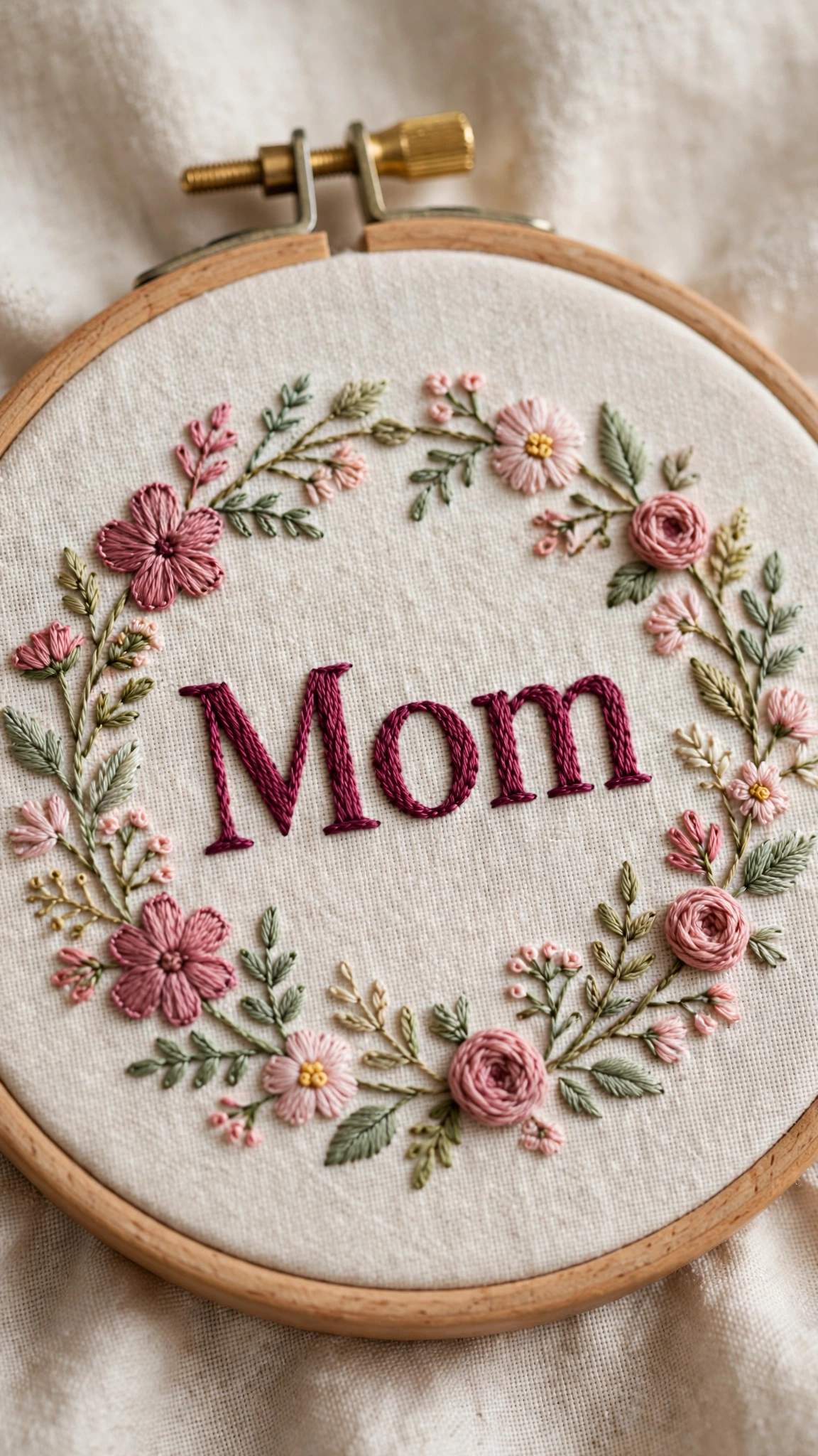Hand-embroidered 'Mom' floral hoop art with blush pink lettering and wildflowers on cream linen in a wooden hoop