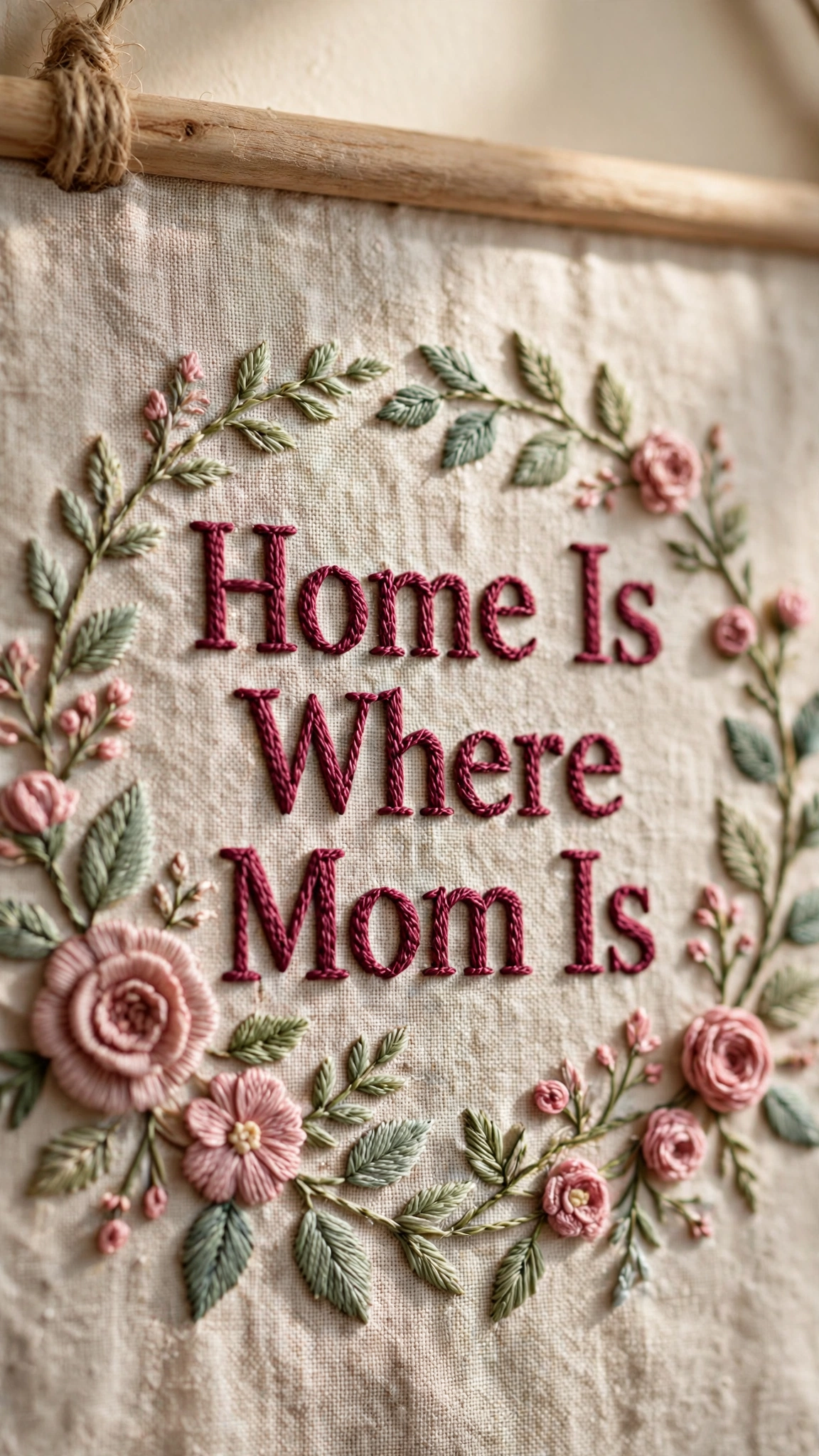 Hand-embroidered wall hanging reading 'Home Is Where Mom Is' with floral vines on a wooden dowel