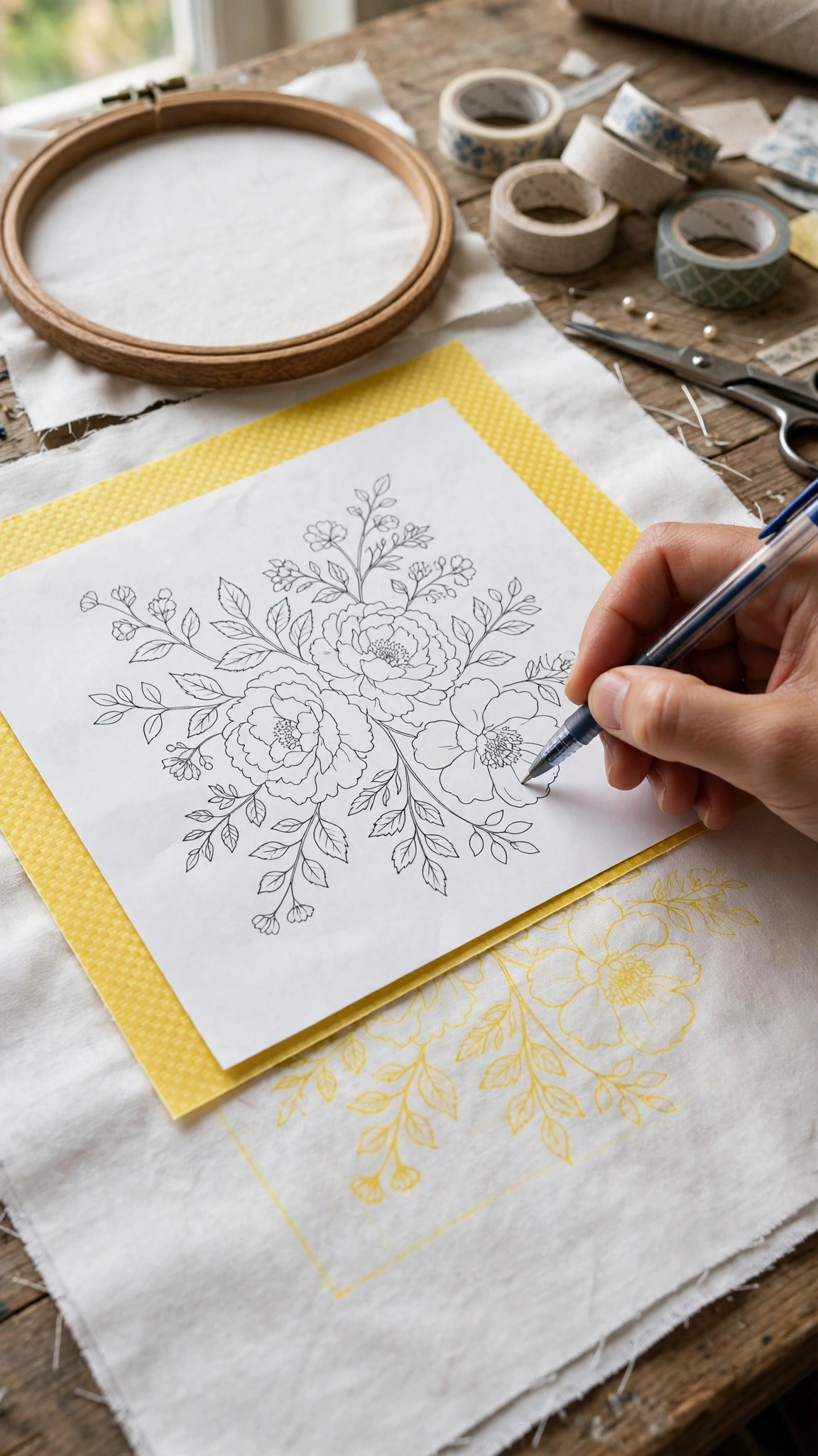Transferring a pattern with dressmaker's carbon paper and a ballpoint pen
