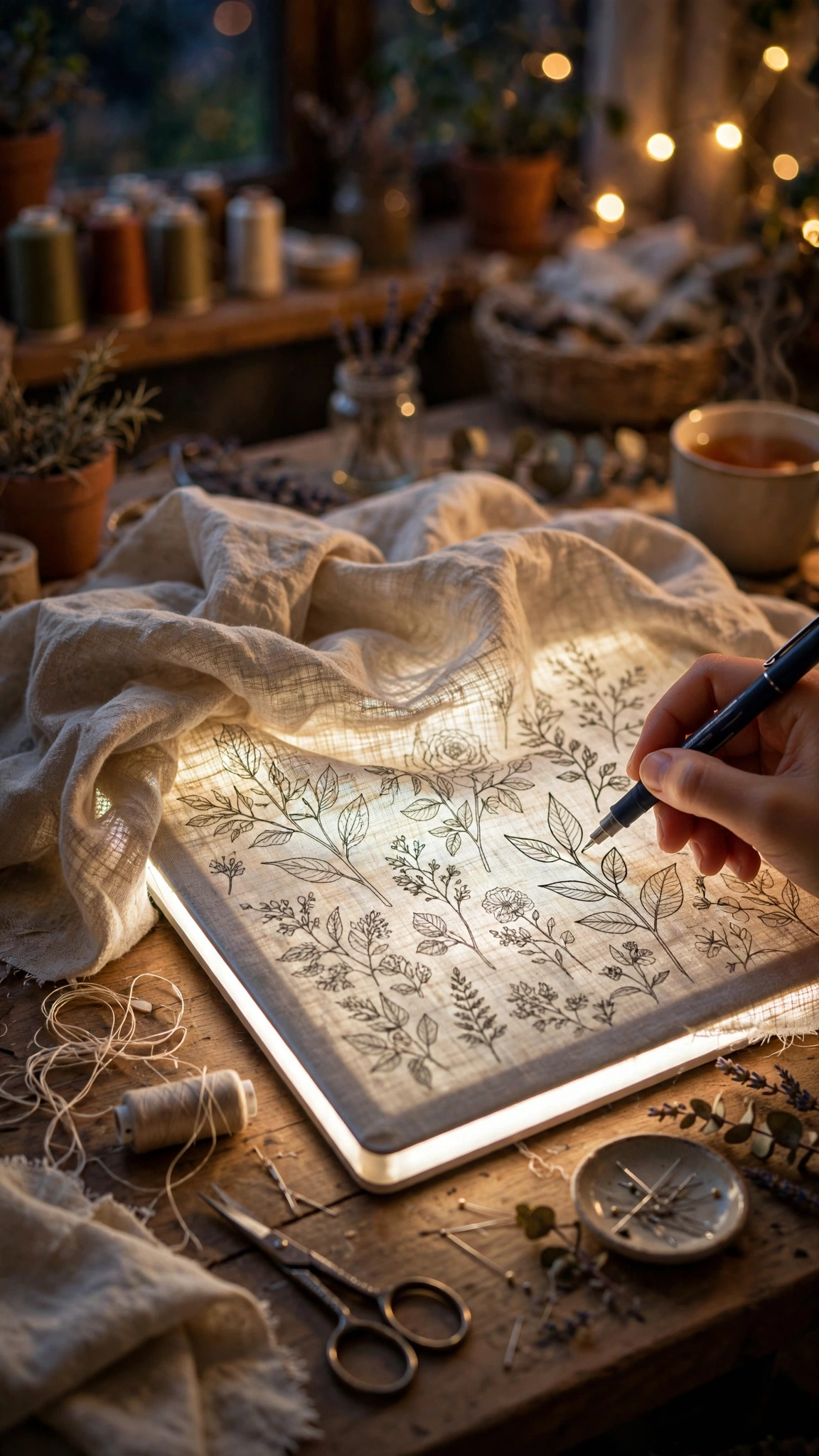 Tracing an embroidery design on a glowing LED light box with a pen
