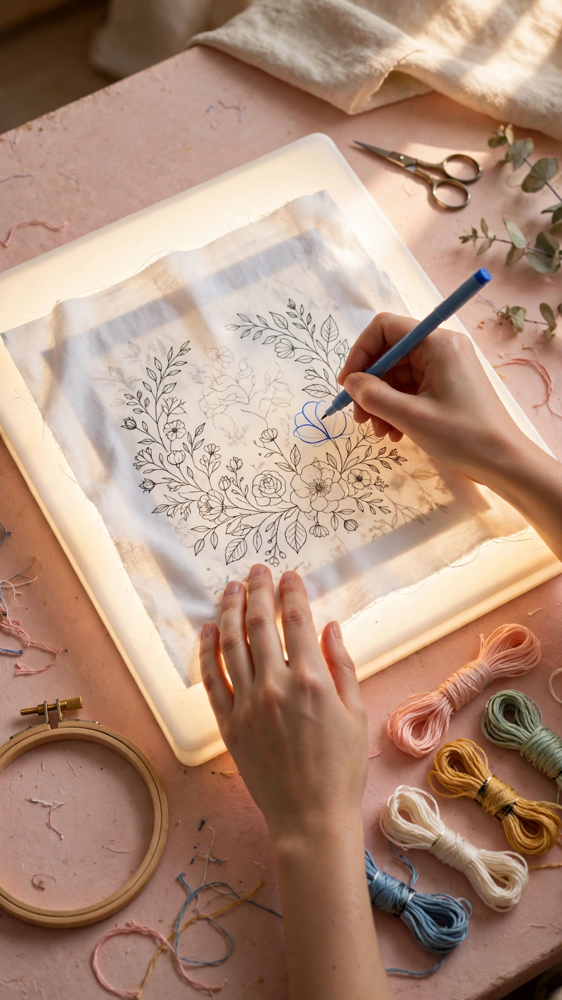 Transfer embroidery pattern to fabric: hands tracing a pattern onto fabric over a glowing light box