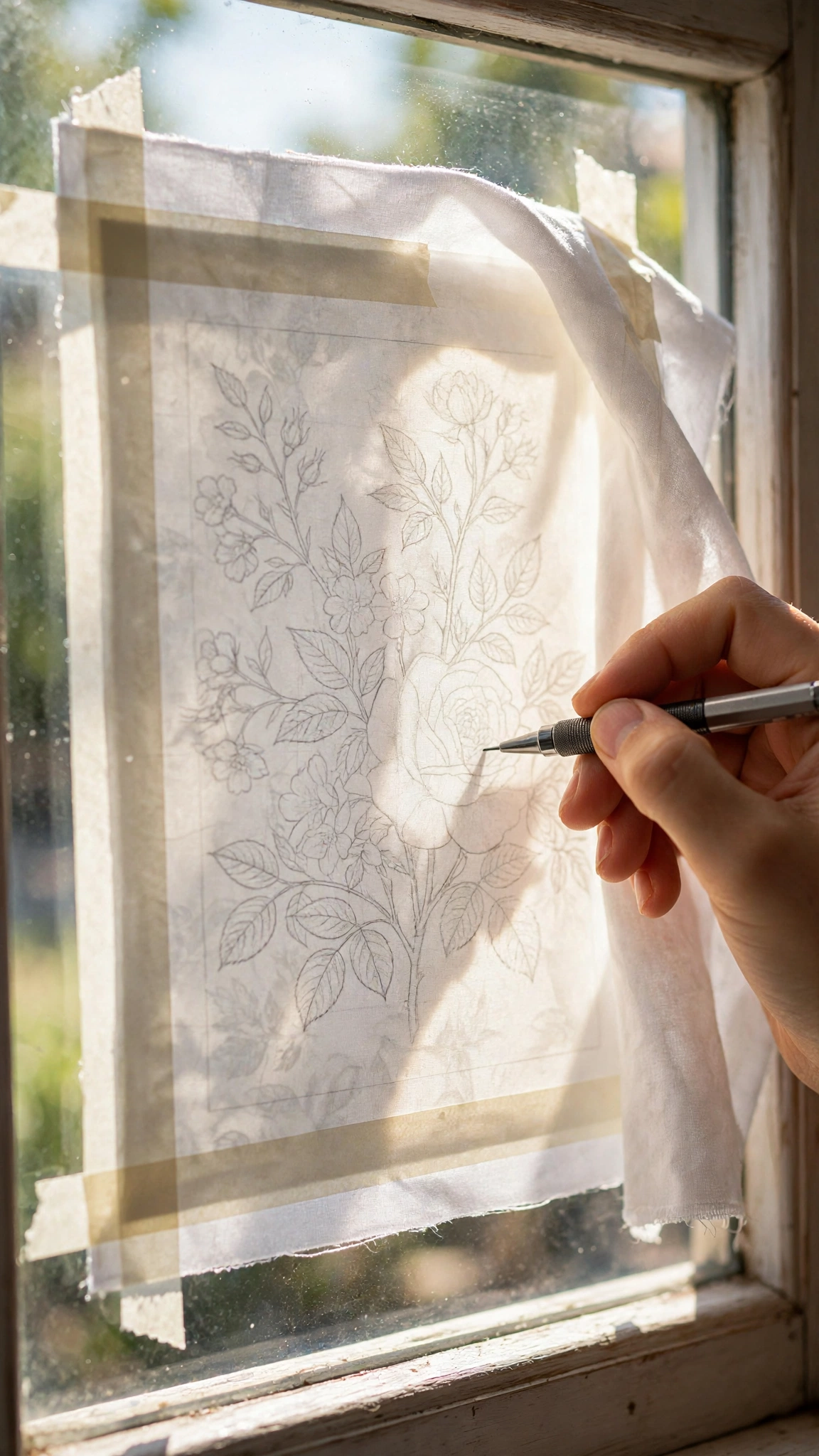 Tracing an embroidery pattern onto fabric taped to a sunny window with a pencil