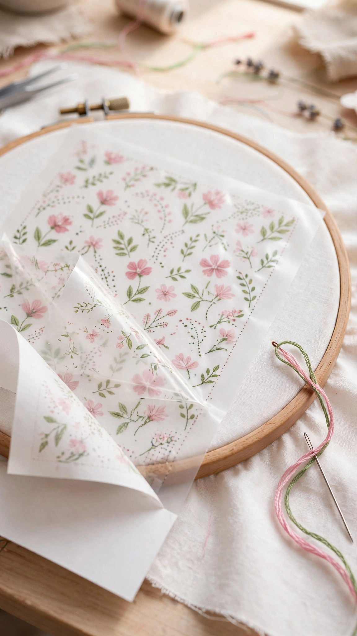 Stick and stitch water-soluble stabilizer with a printed floral pattern being placed onto fabric in a hoop