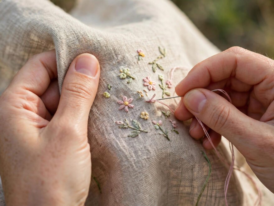 Hands stitching floral embroidery on linen without a hoop, a practical embroidery hoop alternative