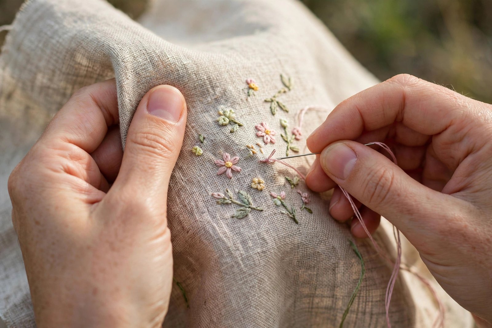 Hands stitching floral embroidery on linen without a hoop, a practical embroidery hoop alternative
