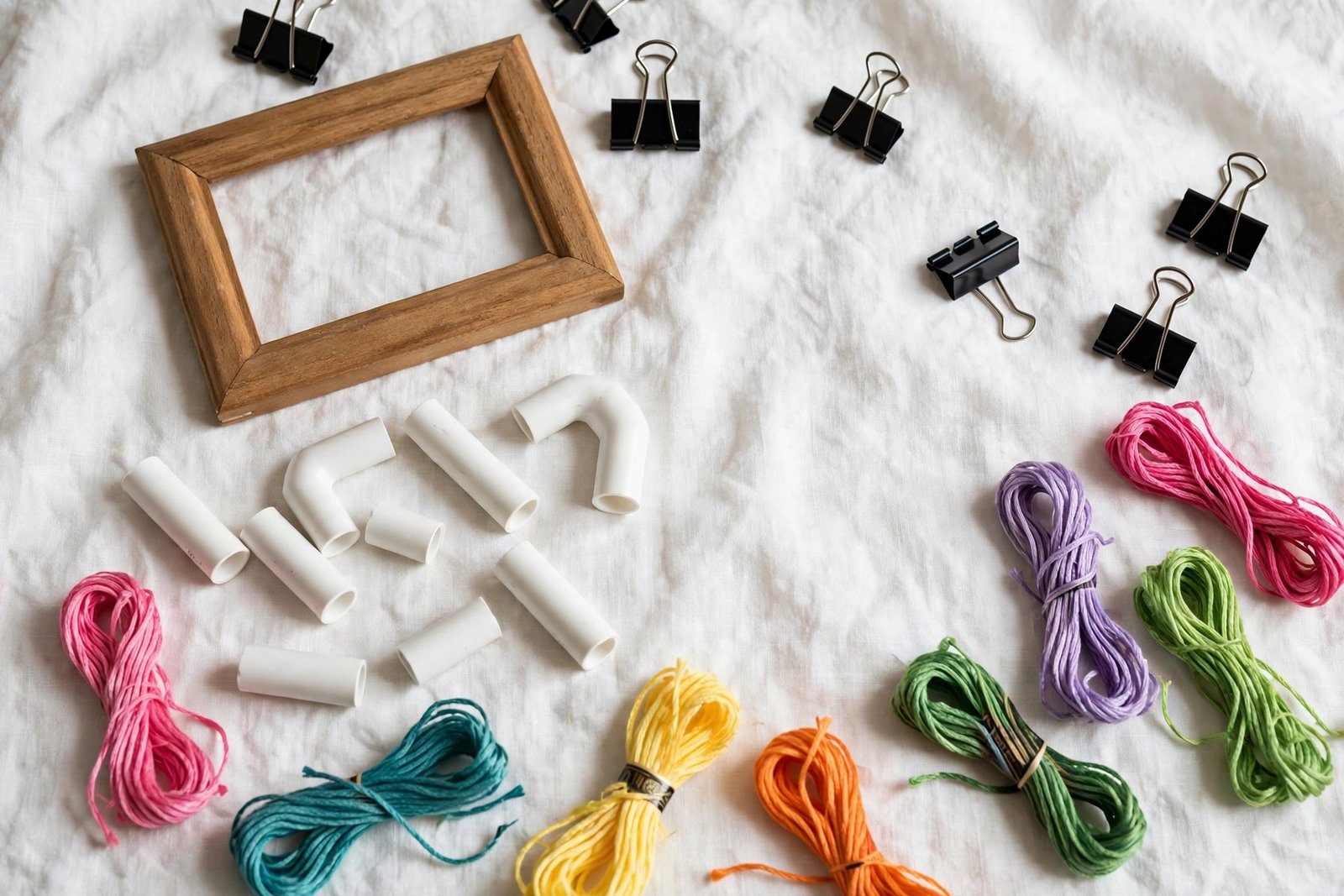 Embroidery hoop alternatives arranged on fabric: picture frame, binder clips, PVC frame pieces and floss skeins