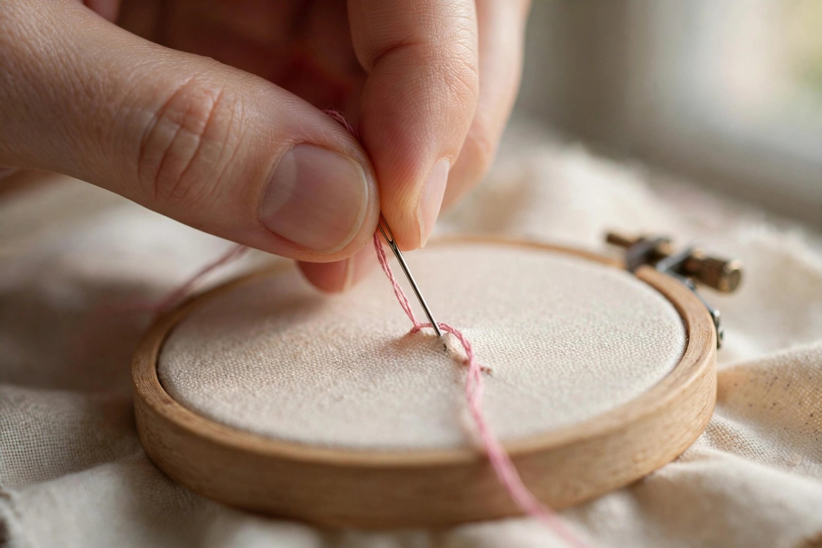 Close-up of a needle pulling pink thread through cotton on a small wooden frame