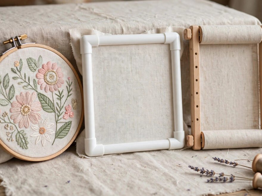Embroidery frame comparison: wooden hoop, Q-snap frame and scroll frame side by side on a craft table