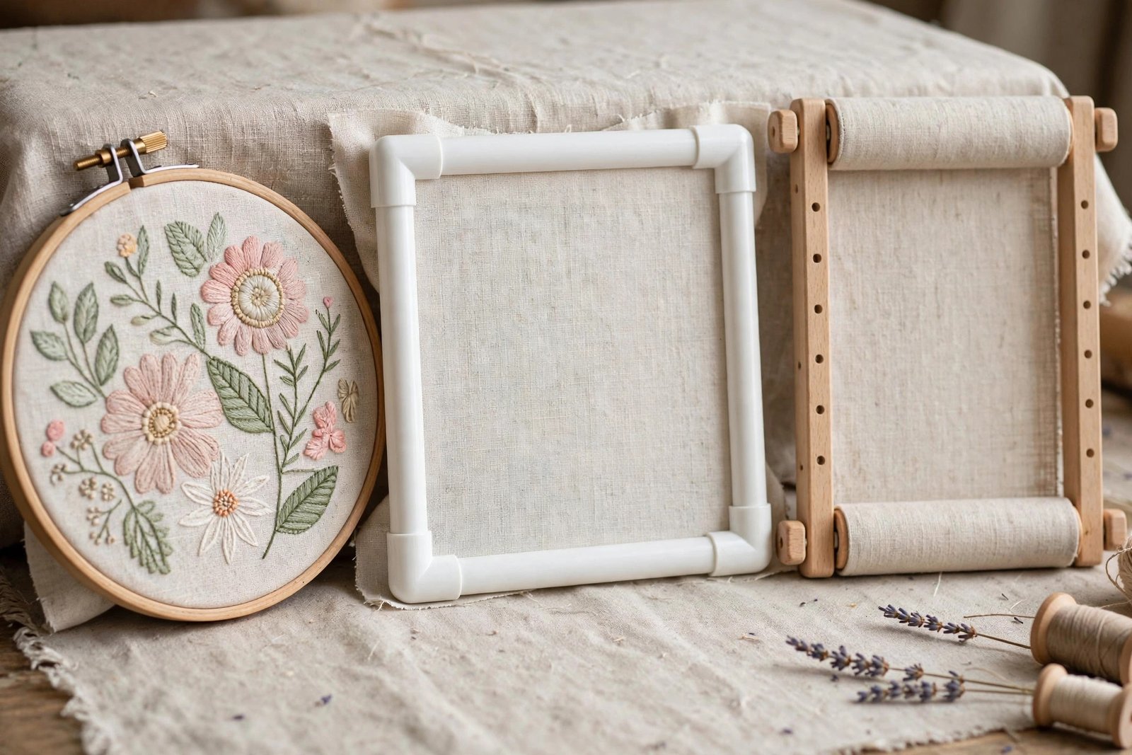 Embroidery frame comparison: wooden hoop, Q-snap frame and scroll frame side by side on a craft table