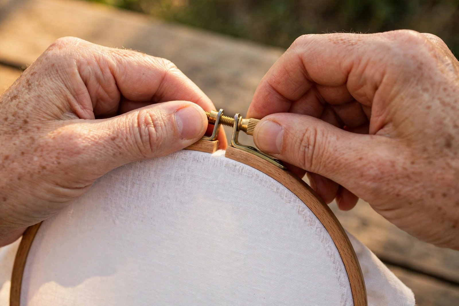 Hands tightening the brass screw on a wooden embroidery hoop