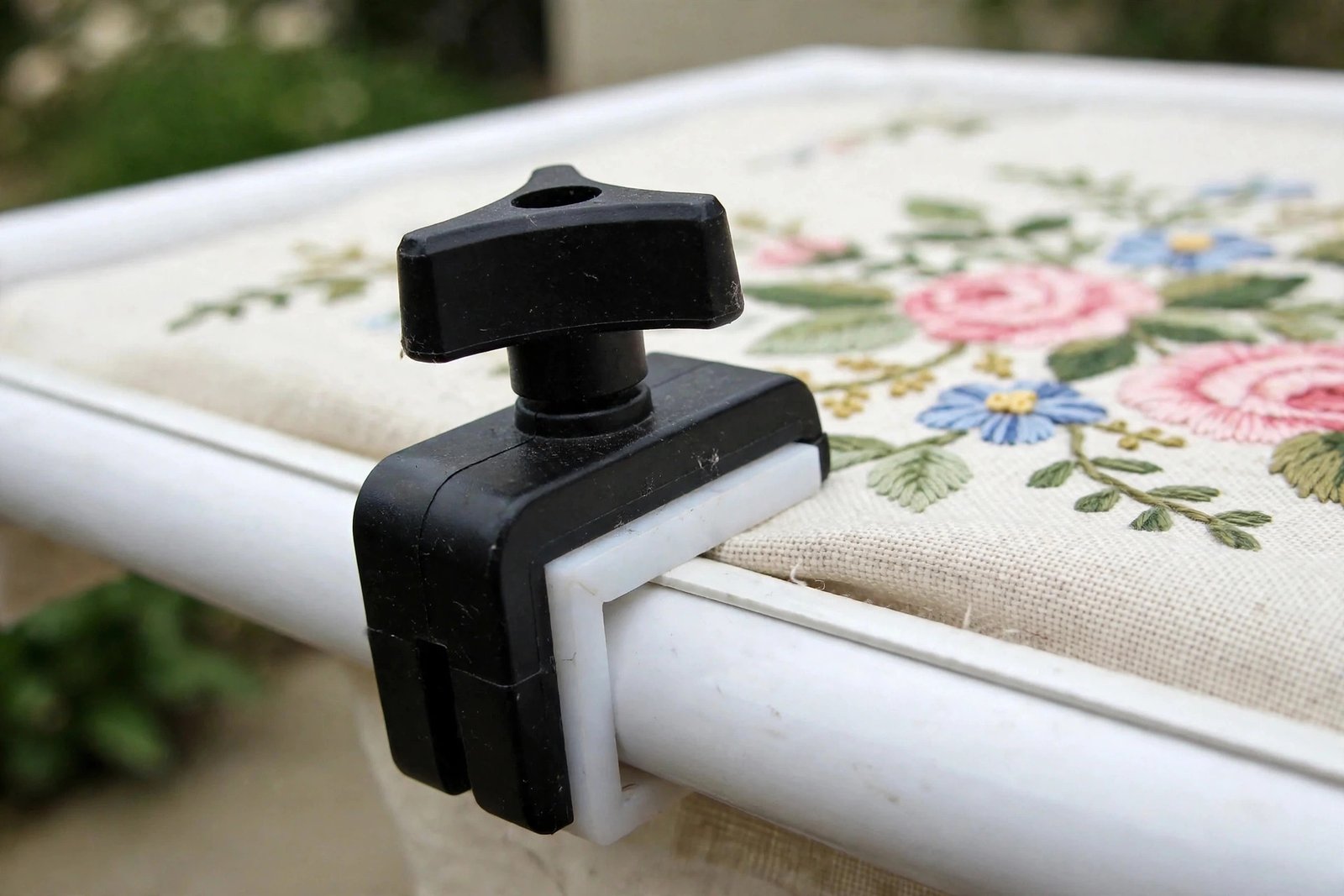 Close-up of a Q-snap frame clamp gripping floral fabric