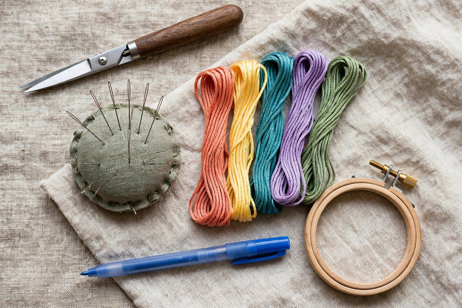 Beginner embroidery tools flat lay on linen: scissors, needles, floss skeins and a wooden hoop