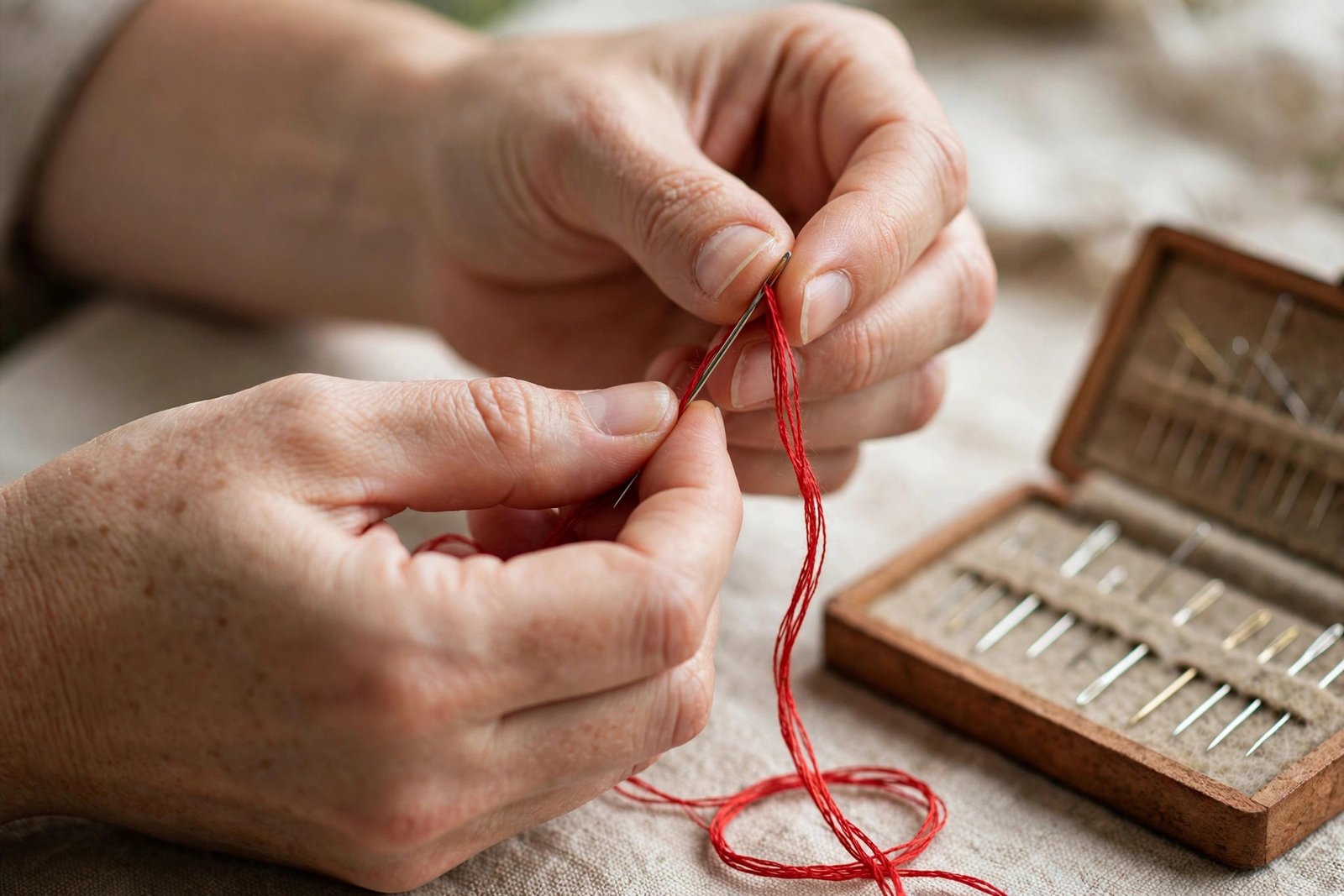 Hands threading a needle with red embroidery floss