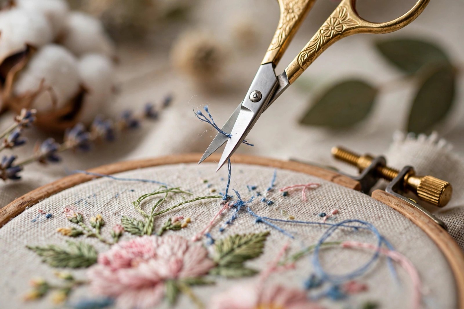 Embroidery scissors snipping thread above a half-finished hoop