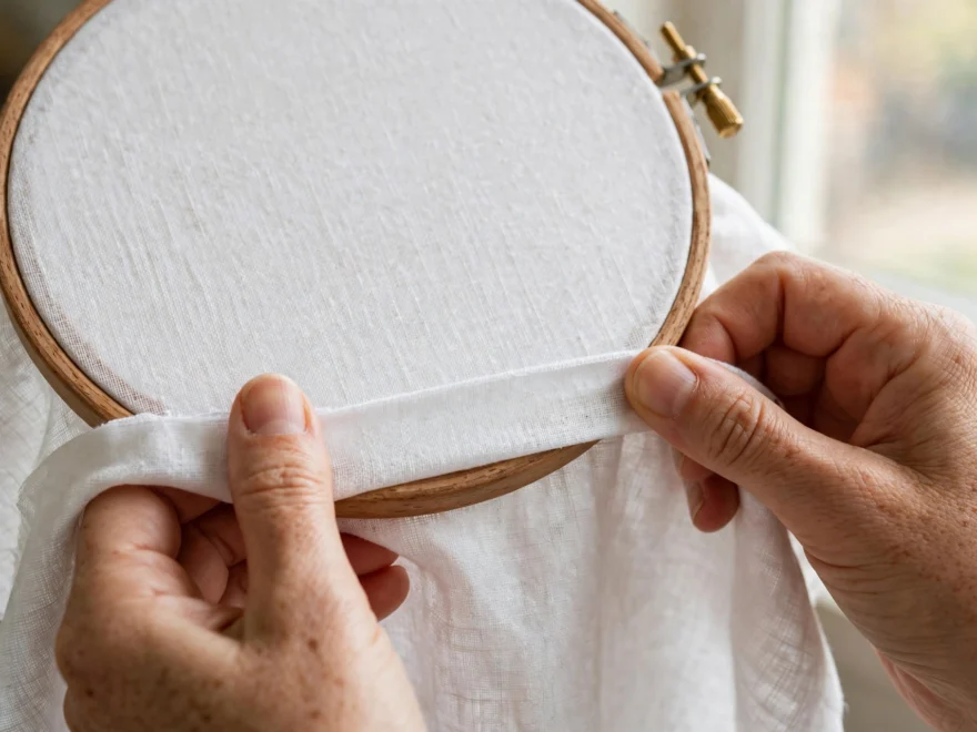 Hands pulling white linen drum-tight in a wooden embroidery hoop