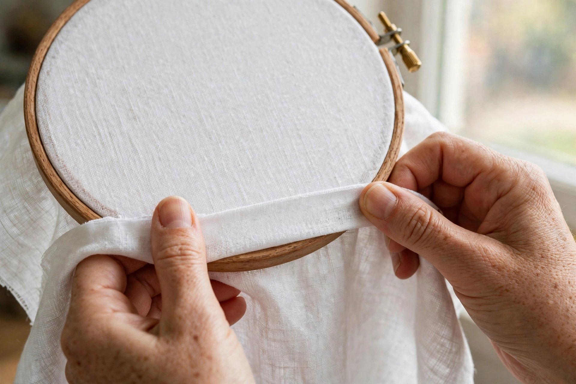 Hands pulling white linen drum-tight in a wooden embroidery hoop
