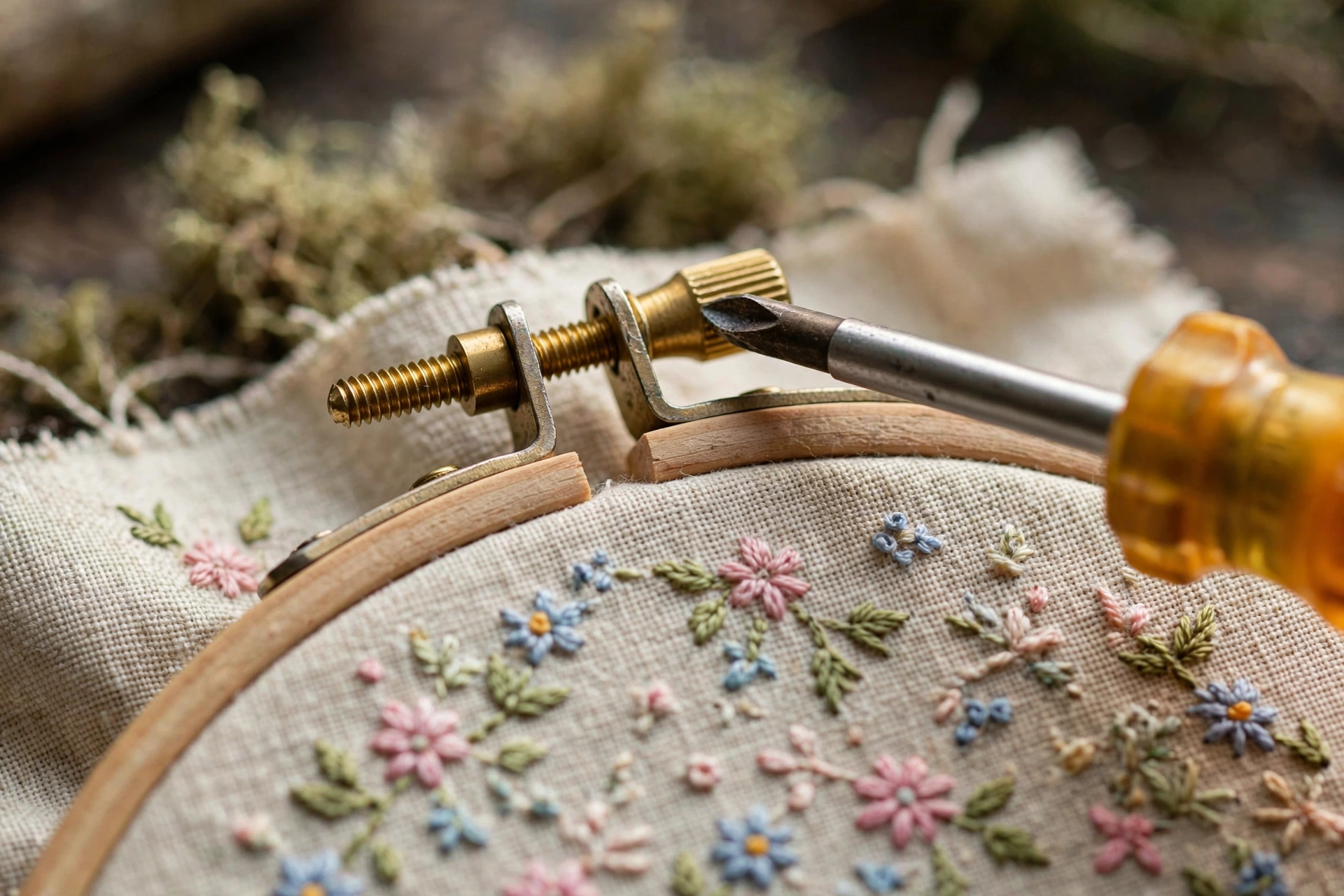 Tightening an embroidery hoop screw with a screwdriver to keep fabric tight in the hoop