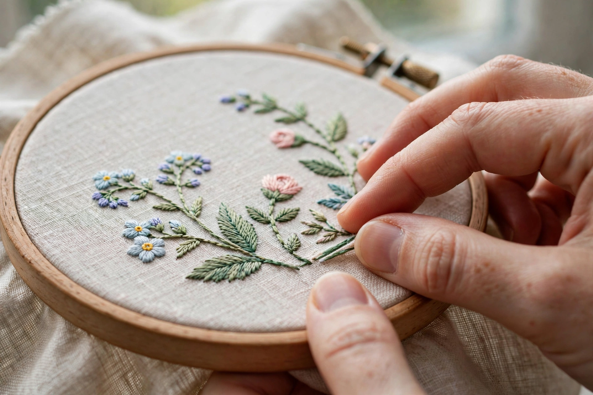Fingers smoothing stitched fabric to check even hoop tension