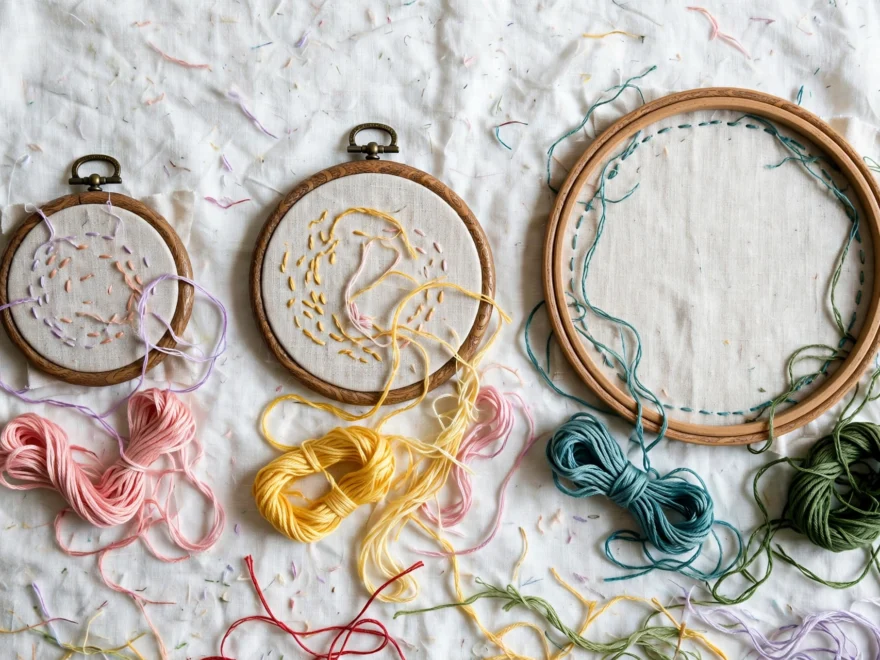 Embroidery hoops in 4, 6 and 8 inch sizes on linen, a visual guide to embroidery hoop size for beginners