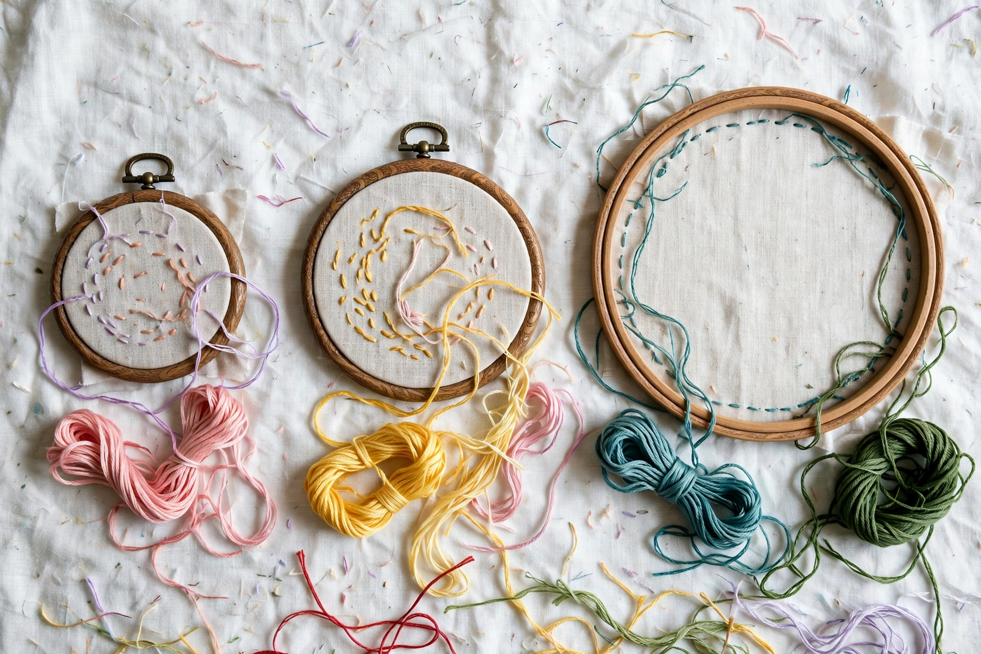 Embroidery hoops in 4, 6 and 8 inch sizes on linen, a visual guide to embroidery hoop size for beginners