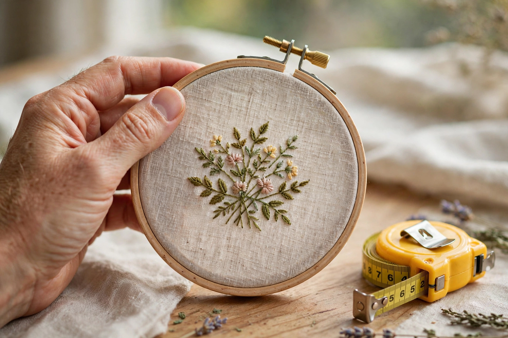 Hand holding a 6-inch wooden embroidery hoop with a floral design next to a tape measure