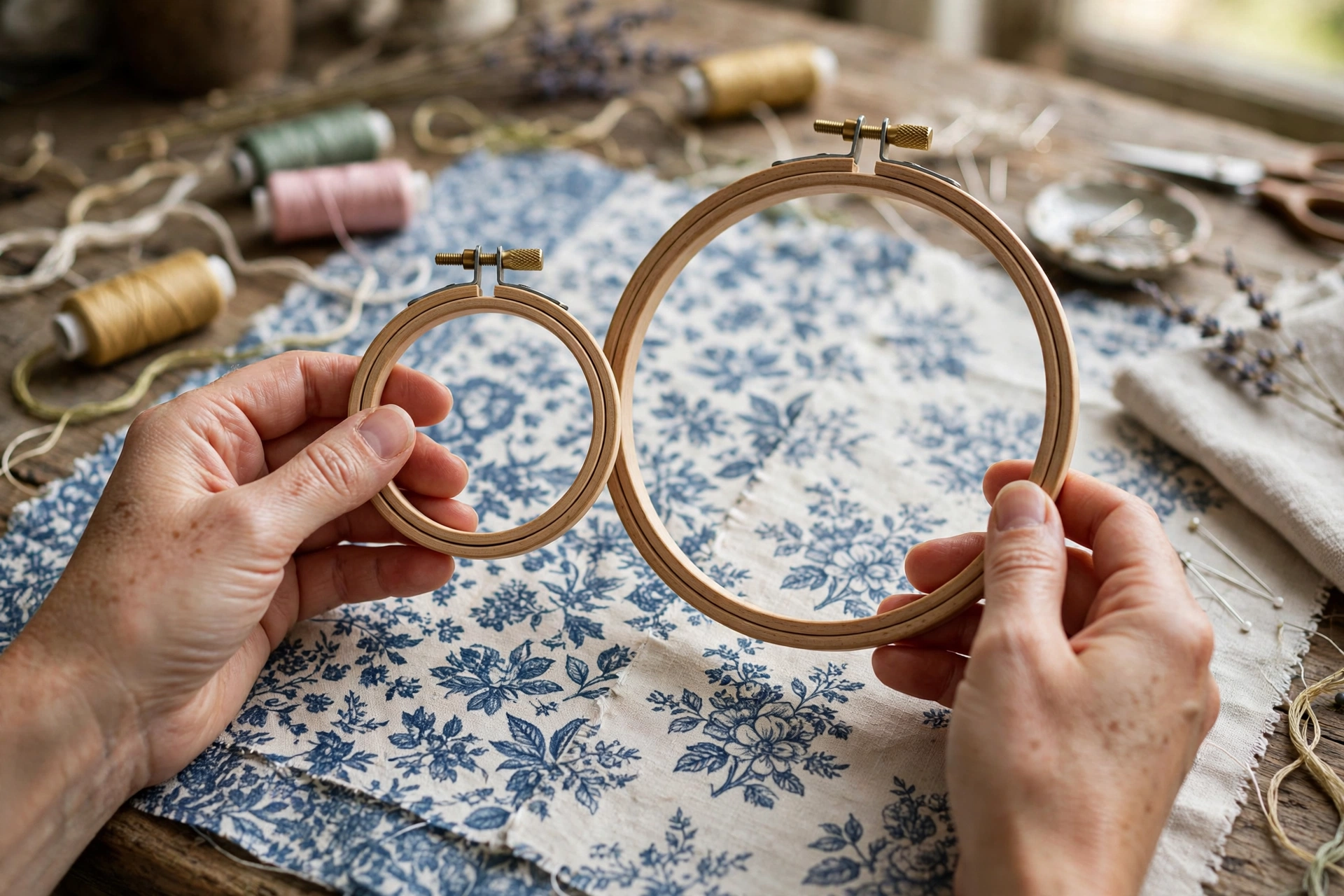Hands comparing a small and a large embroidery hoop over patterned fabric