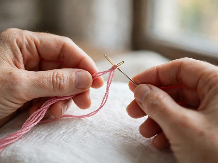 Hands threading a gold-eyed crewel embroidery needle with pink stranded cotton floss over white linen