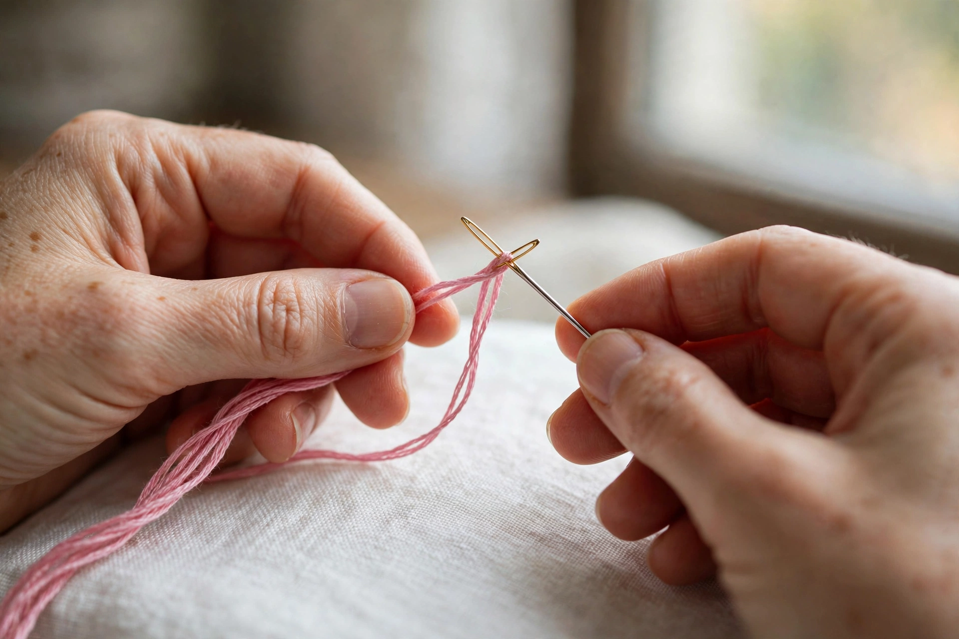 Hands threading a gold-eyed crewel embroidery needle with pink stranded cotton floss over white linen