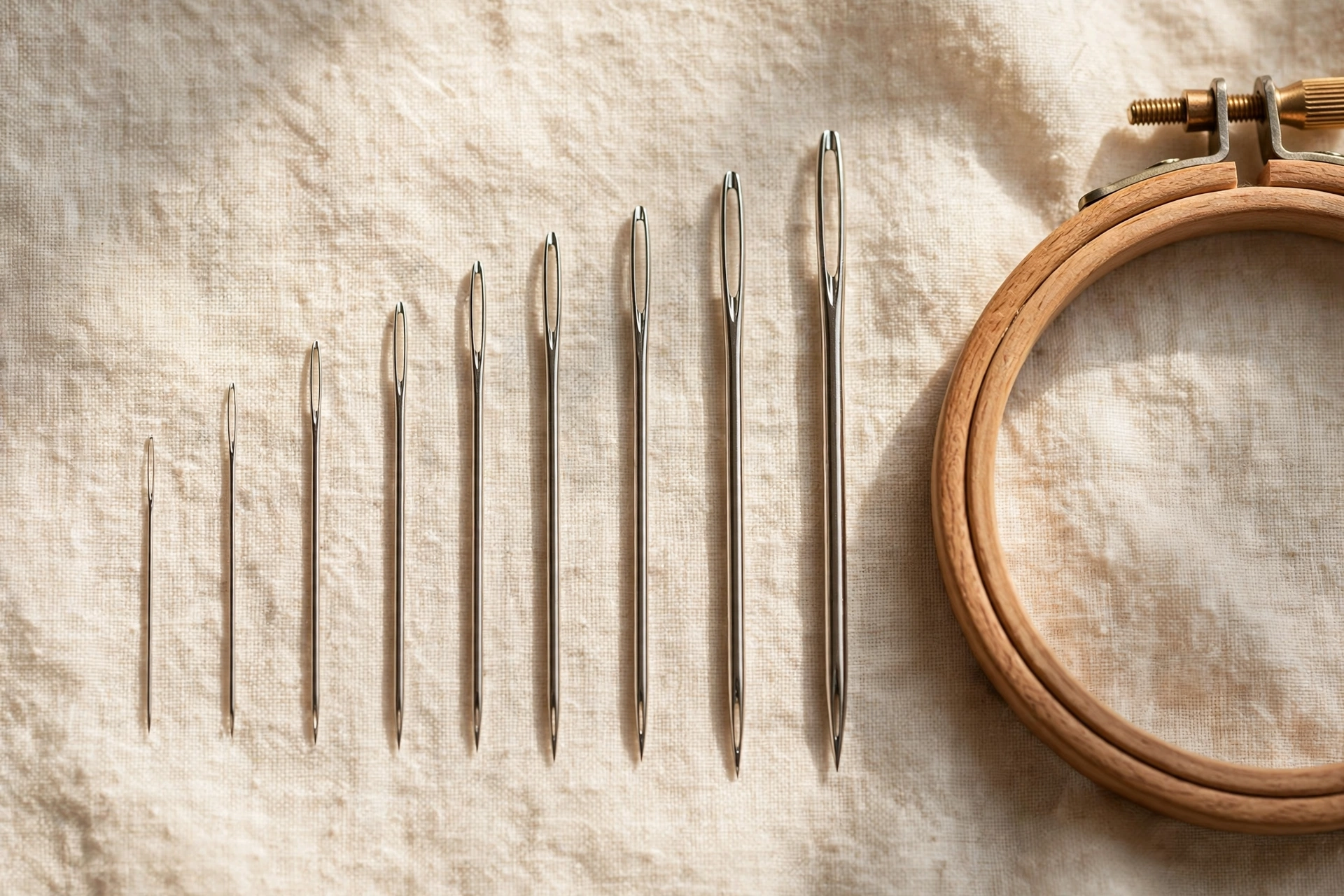 Assorted embroidery needles arranged in a size row on cream linen next to a wooden hoop, macro detail of needle eyes