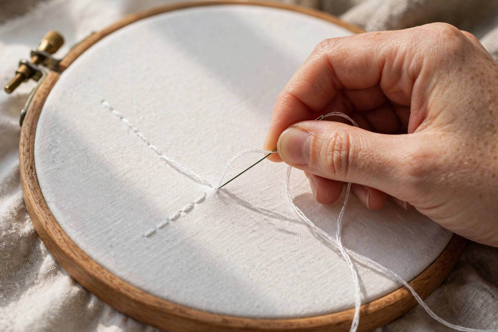 Hand pulling a threaded embroidery needle through stretched white cotton fabric in a wooden hoop