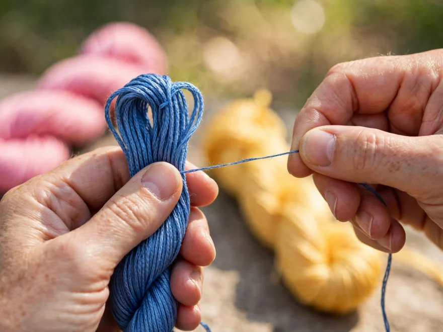 Hands separating a single strand from a skein of blue stranded embroidery floss, pink and yellow skeins behind