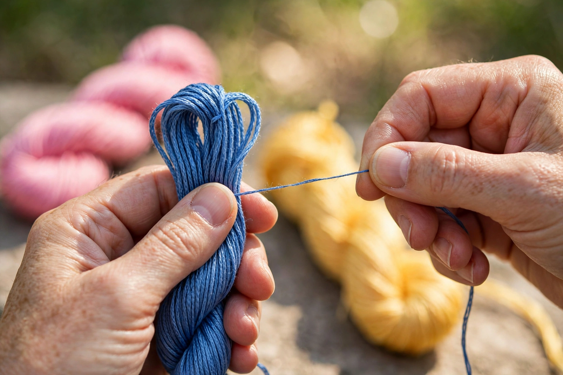 Hands separating a single strand from a skein of blue stranded embroidery floss, pink and yellow skeins behind