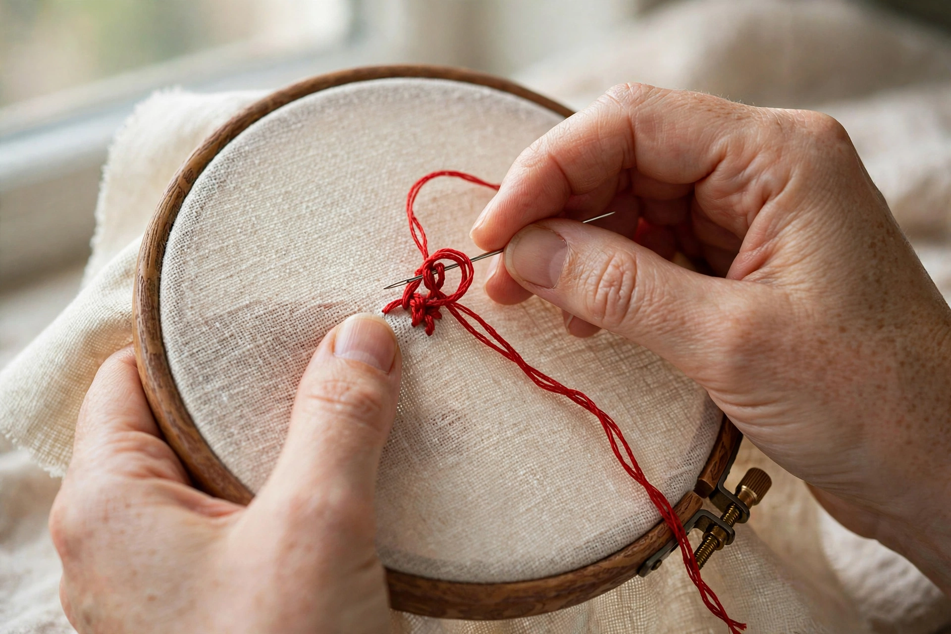 Hands stitching a French knot with two strands of red embroidery floss on cream linen in a wooden hoop
