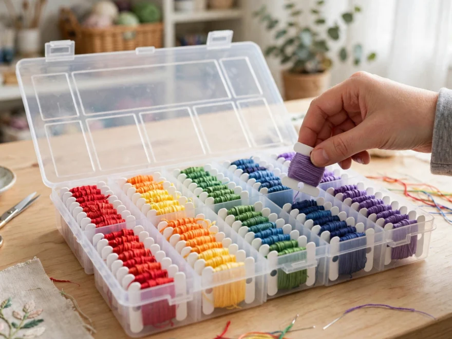 Open plastic organizer box filled with embroidery floss wound on white bobbins in rainbow order, hand placing a bobbin