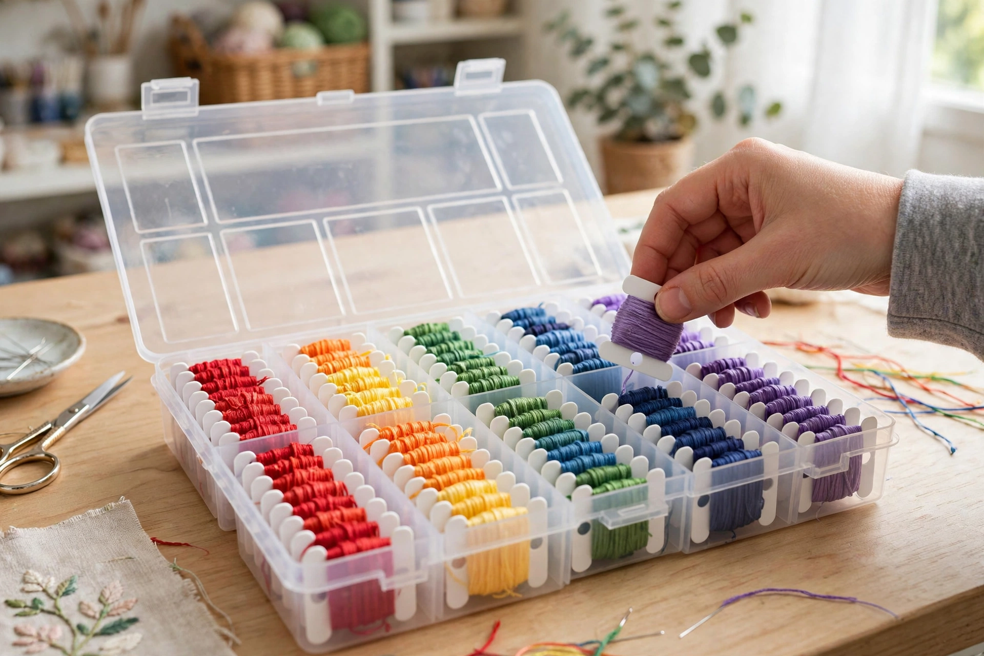 Open plastic organizer box filled with embroidery floss wound on white bobbins in rainbow order, hand placing a bobbin