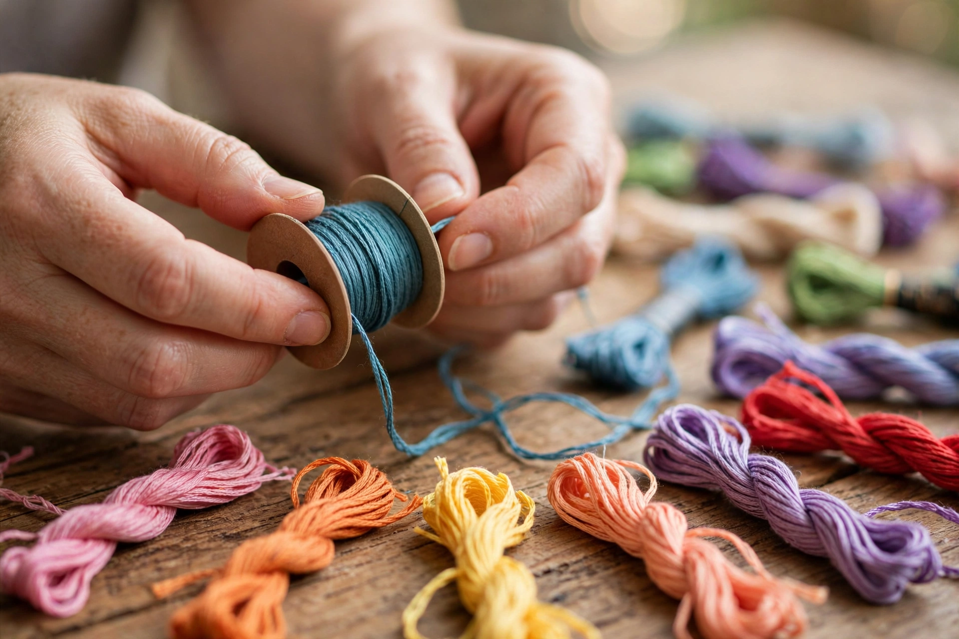 Hands winding embroidery floss onto a cardboard bobbin with colorful floss skeins on a wooden table