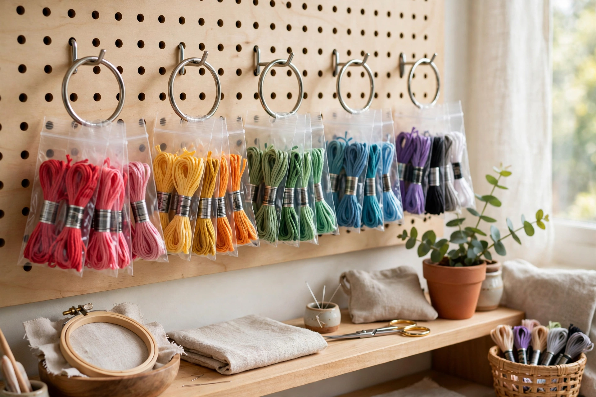 Metal binder rings holding small clear bags of sorted embroidery floss on a wall pegboard in a tidy craft corner