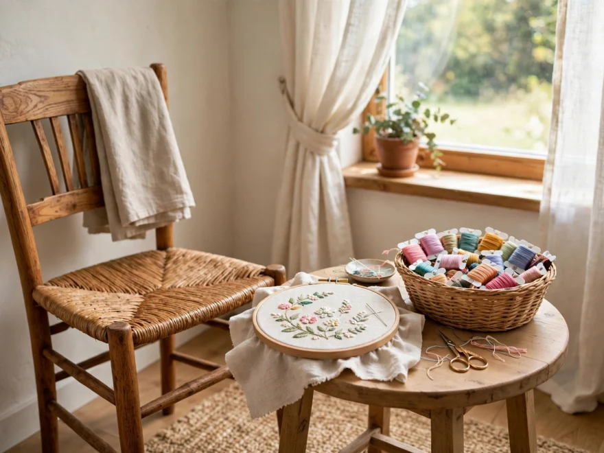 Cozy small embroidery corner with wooden chair, side table holding a hoop project and basket of colorful floss by a bright window