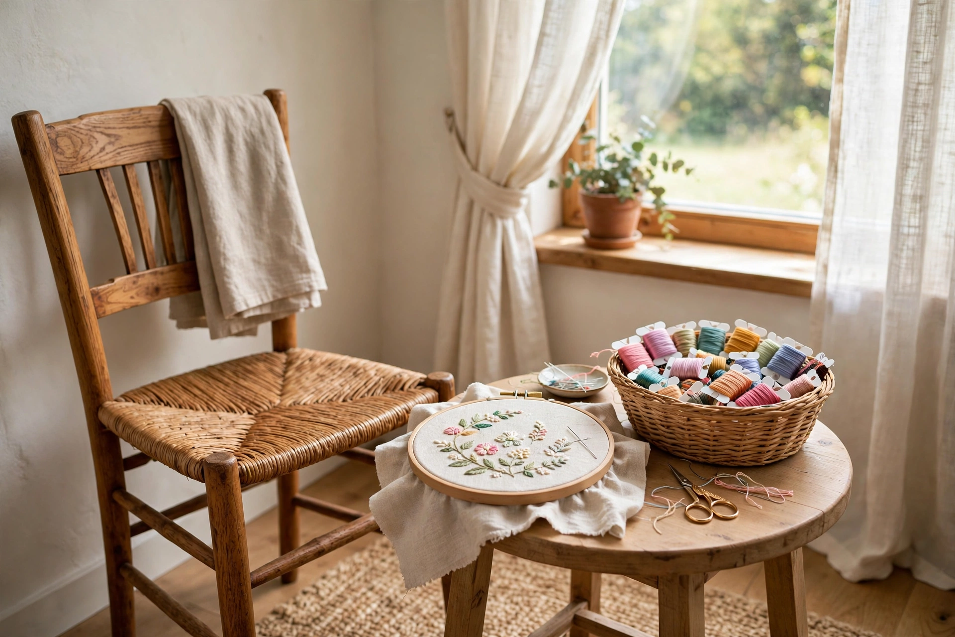 Cozy small embroidery corner with wooden chair, side table holding a hoop project and basket of colorful floss by a bright window