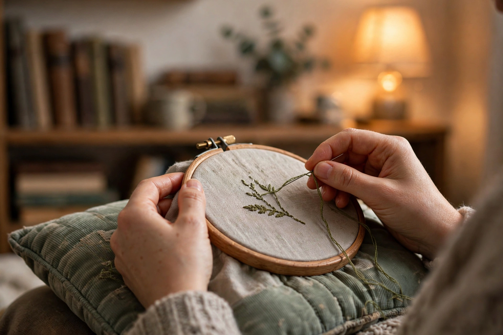 Hands stitching in a wooden hoop resting on a lap cushion, bookshelf softly blurred behind in warm lamp glow