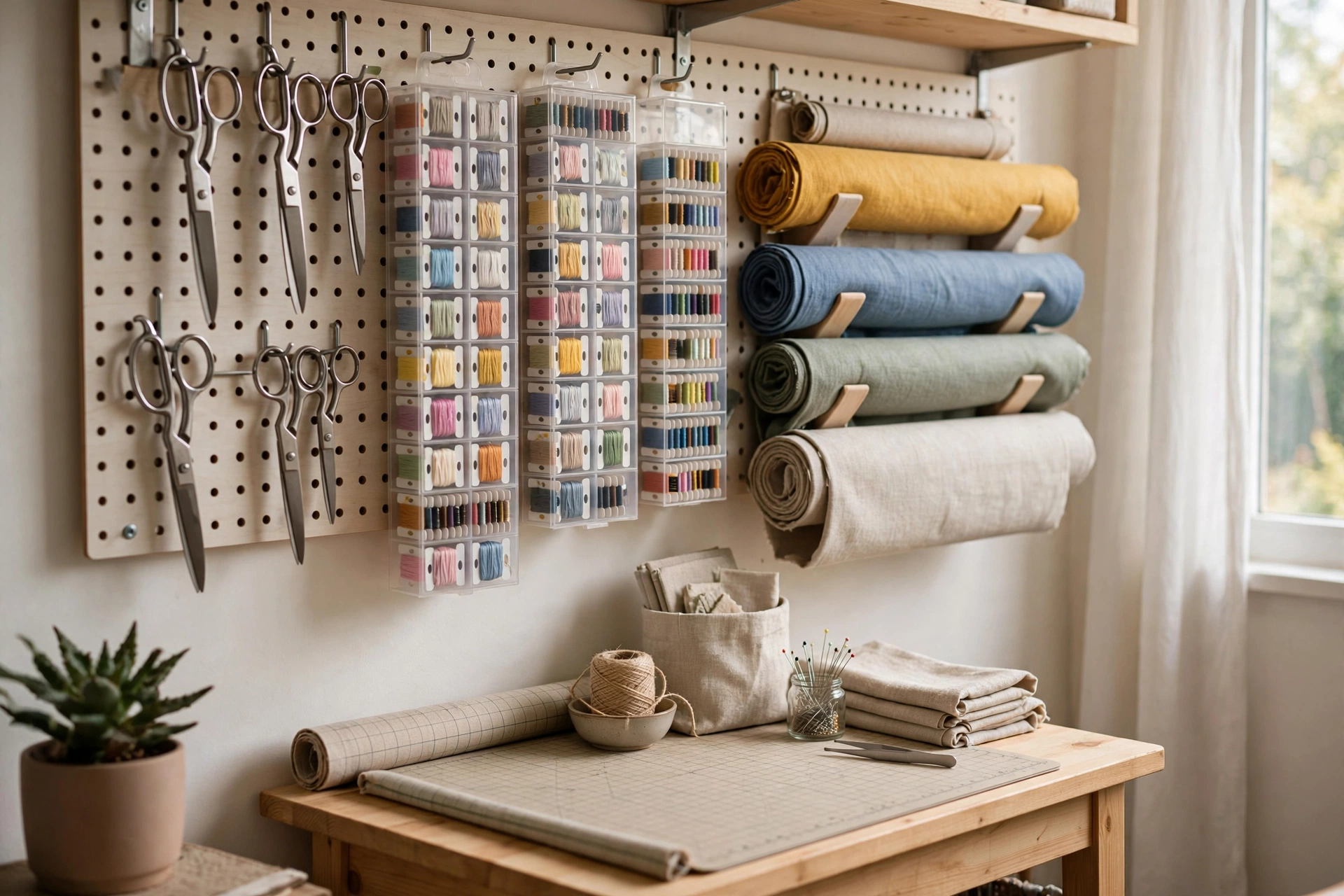 Wall-mounted pegboard storage above a small desk with hanging scissors, floss organizers and fabric rolls