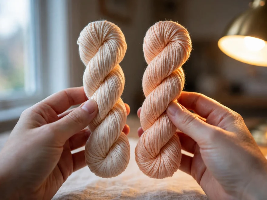 Two identical embroidery floss skeins compared under cool window daylight and warm lamplight showing color difference